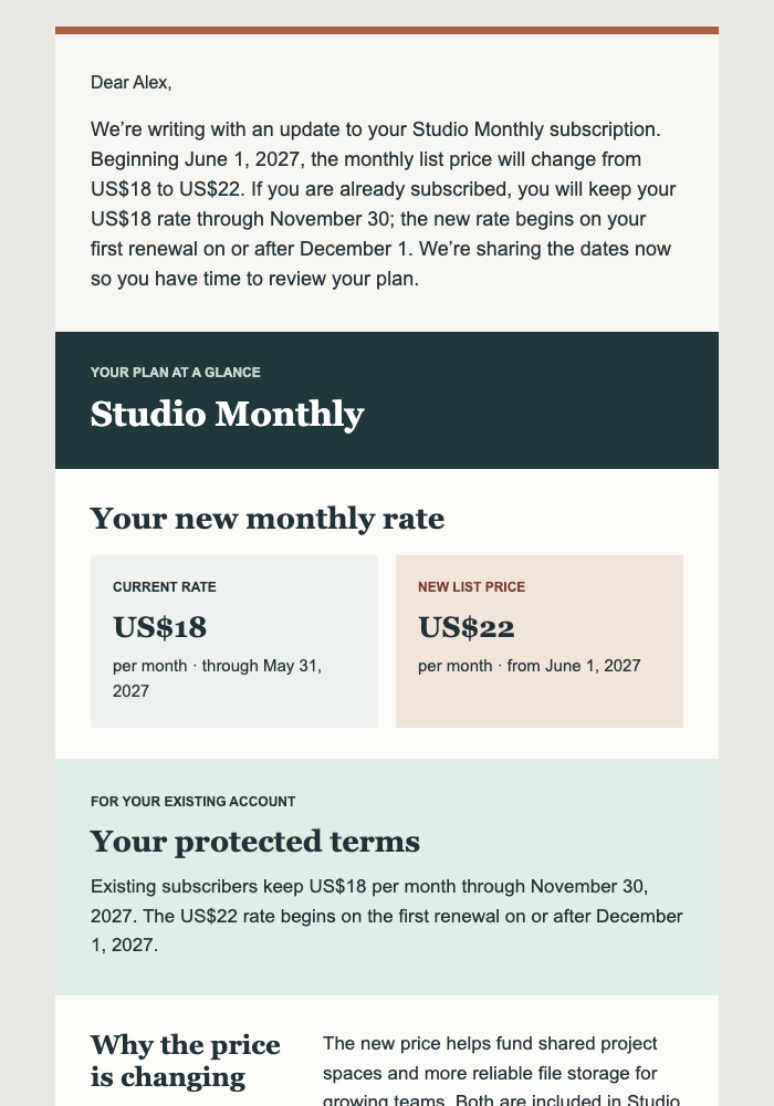 Pricing Change with Existing Customer Protection email design preview