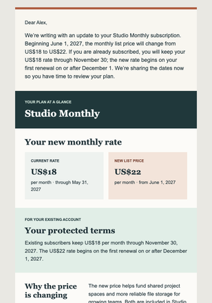 Pricing Change with Existing Customer Protection email design preview
