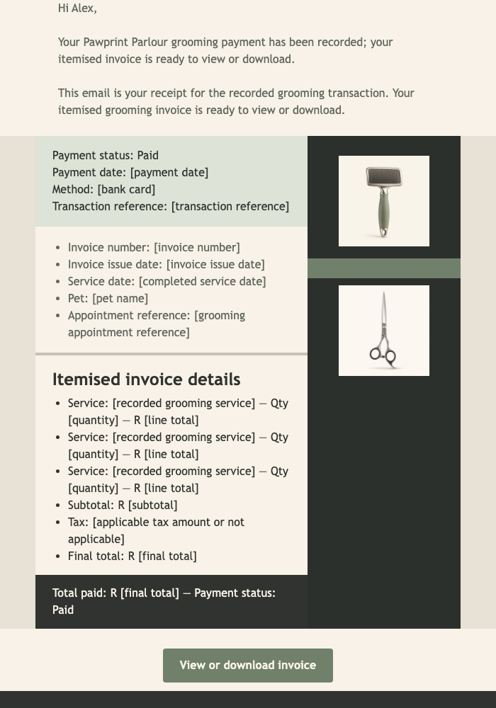 Grooming Payment Receipt email design preview