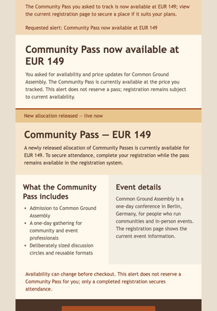 Community Pass Available Alert email design preview