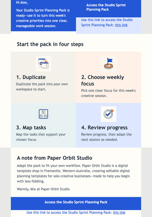 Studio Sprint Pack Delivery email design preview
