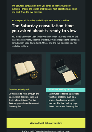 Saturday Session Alert email design preview
