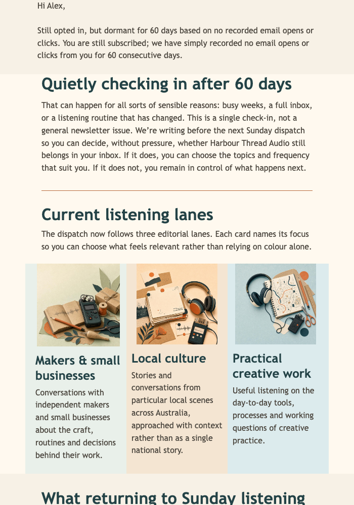 Sunday Listening Return email design preview