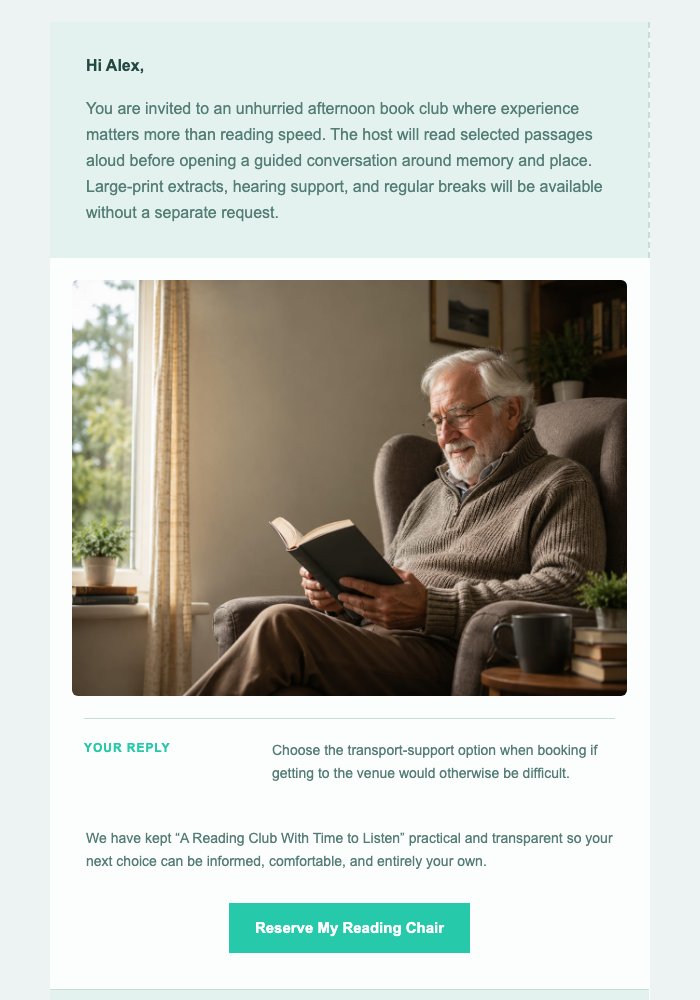 A Reading Club With Time to Listen email design preview