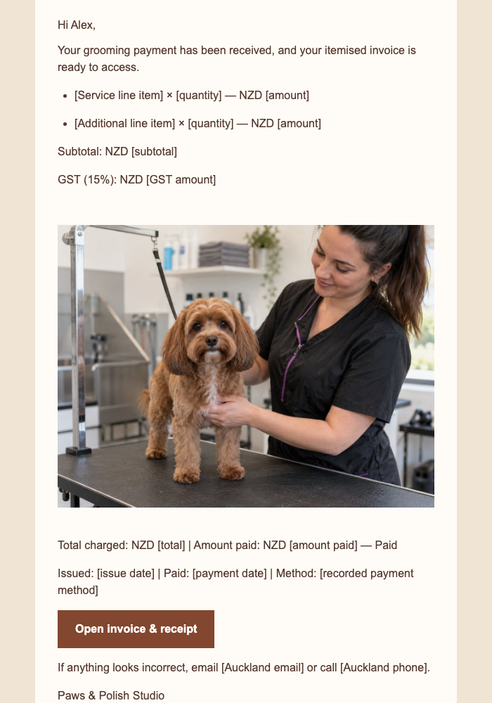 Paid Grooming Invoice email design preview