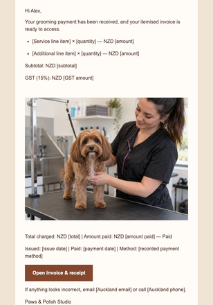 Paid Grooming Invoice email design preview