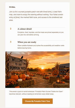 Pumpkin Patch Sunset Tickets Are Open email design preview
