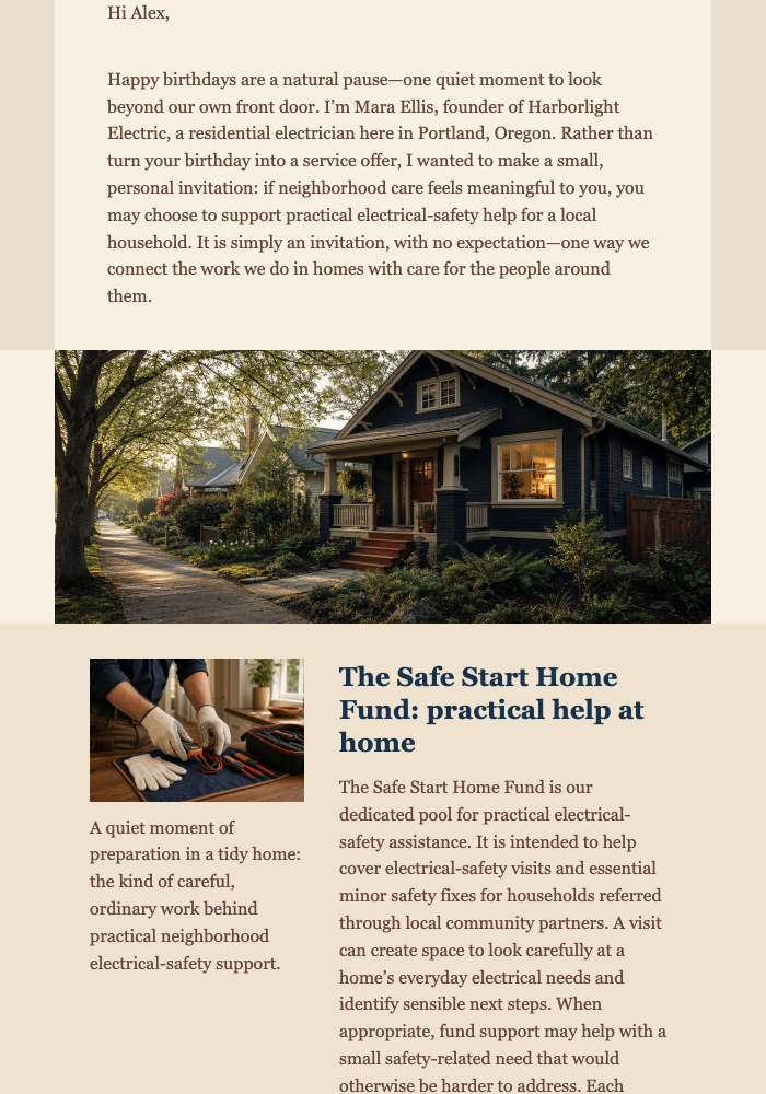 Birthday Safe Start Fund Appeal email design preview