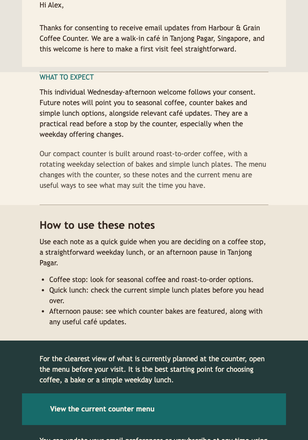 Cafe Newsletter Welcome email design preview