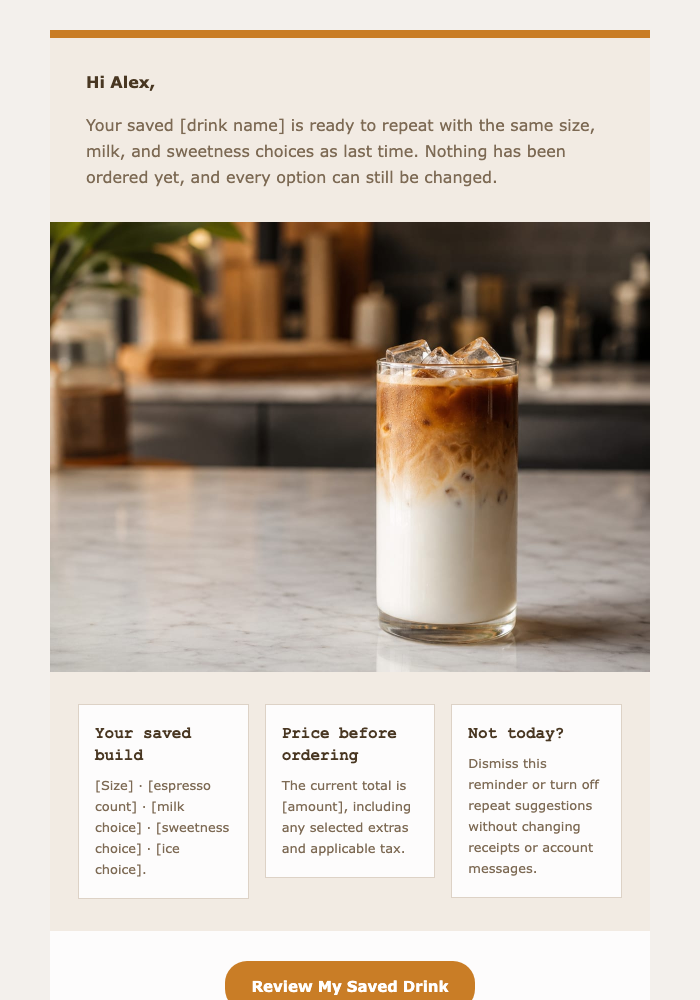 Your Iced Latte Repeat Order email design preview