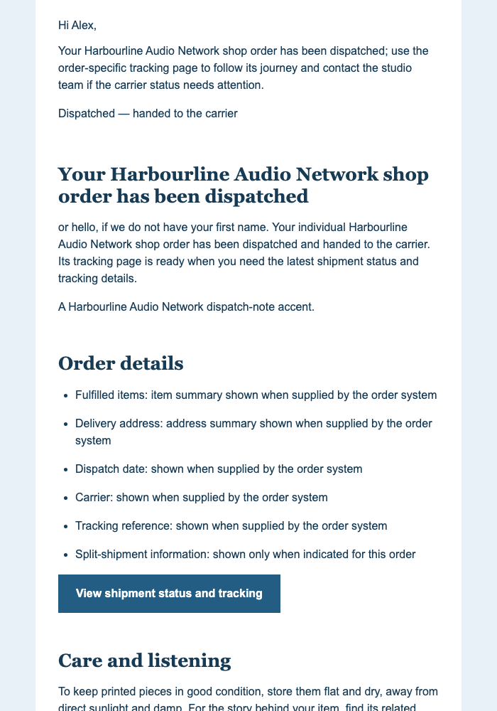 Podcast Shop Dispatch Update email design preview