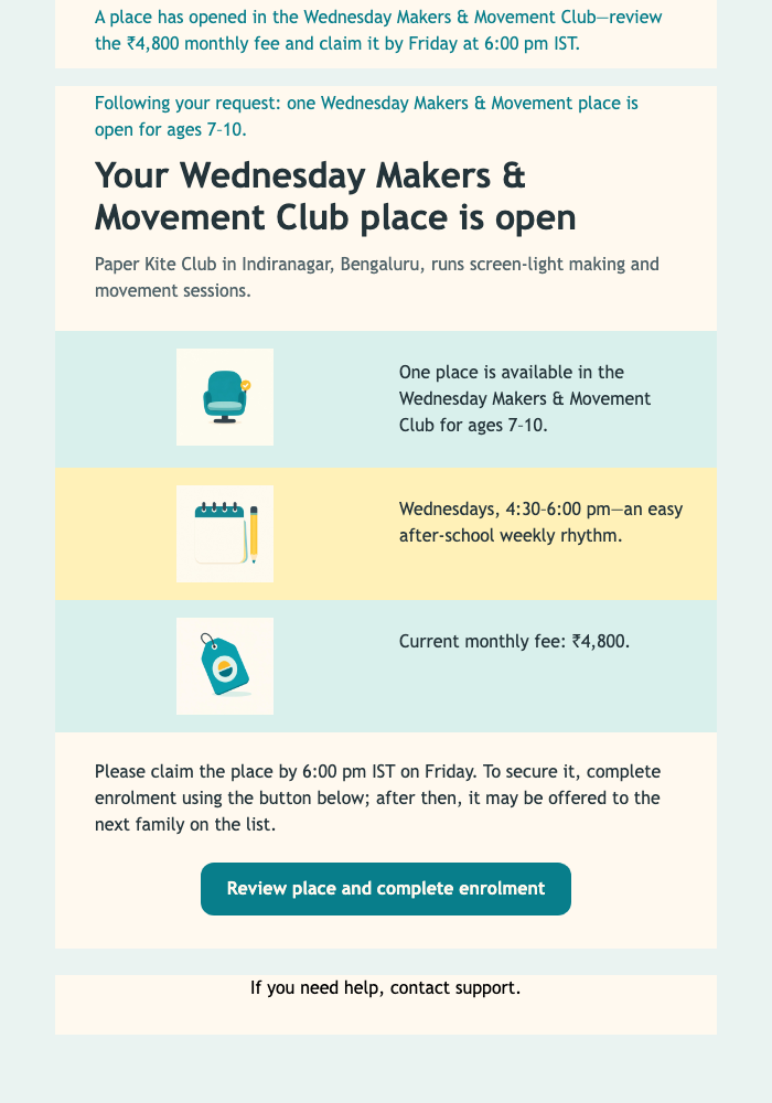 Wednesday Club Place Alert email design preview