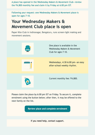 Wednesday Club Place Alert email design preview