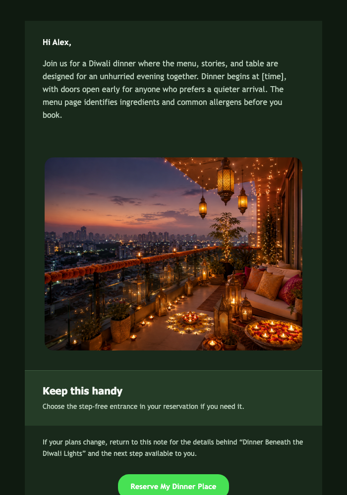 Dinner Beneath the Diwali Lights email design preview