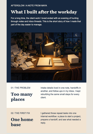 After-Hours Founder Timeline email design preview