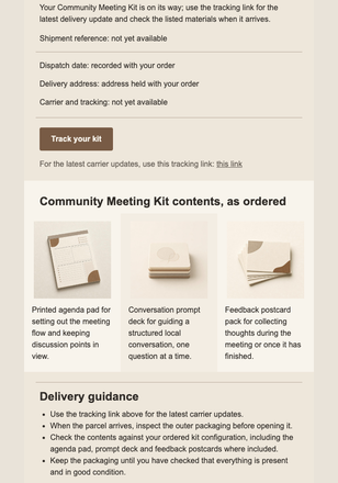 Community Kit Dispatch Ticket email design preview