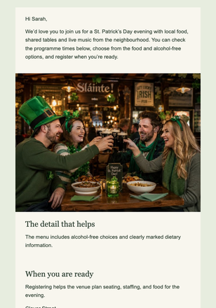 One Neighbourhood, One Green Evening email design preview