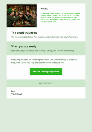 One Neighbourhood, One Green Evening email design preview