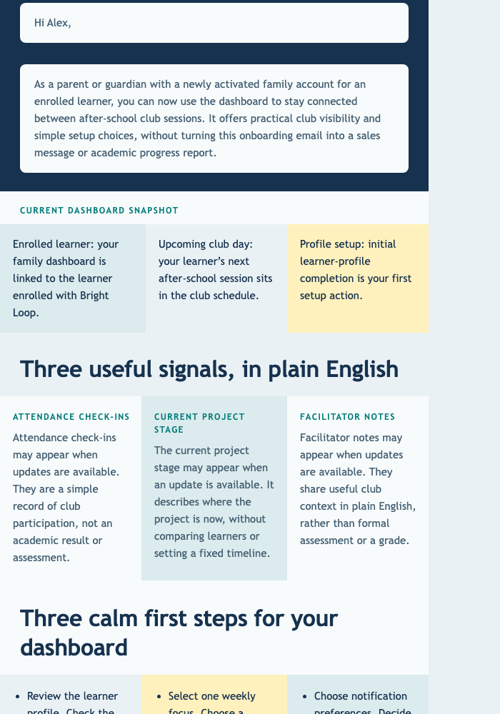 Family Dashboard First Steps email design preview