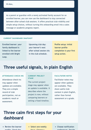 Family Dashboard First Steps email design preview