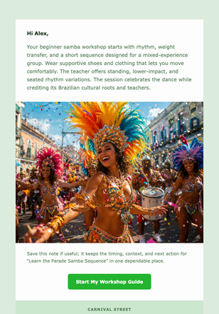 Learn the Parade Samba Sequence email design preview