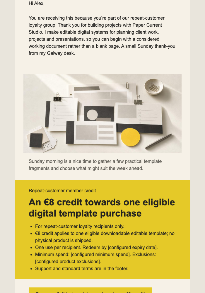 Sunday Member Credit email design preview