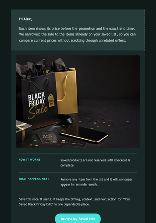 Your Saved Black Friday Edit email design preview