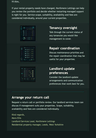 Property Management Restart Check-In email design preview