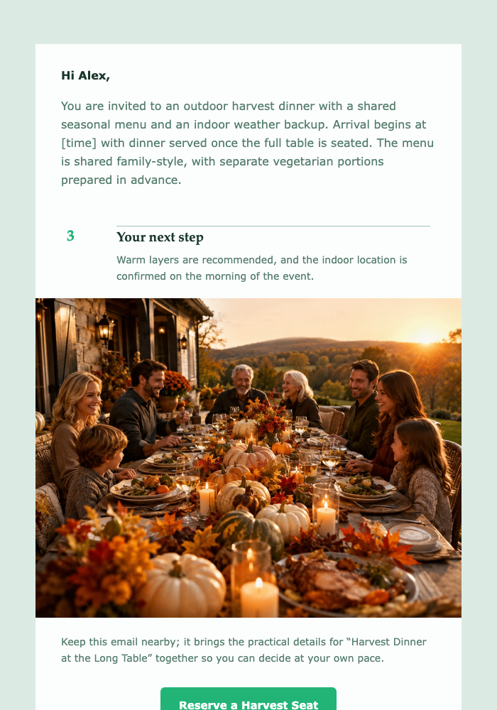 Harvest Dinner at the Long Table email design preview