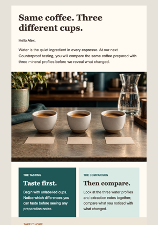 Espresso and Water Tasting email design preview