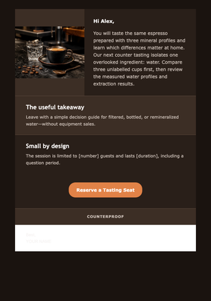 Espresso and Water Tasting email design preview