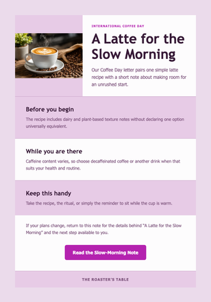 A Latte for the Slow Morning email design preview