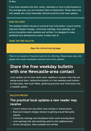 Neighbourhood Bulletin Referral email design preview