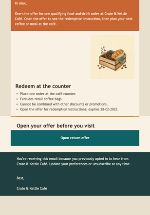 Café Return Visit Offer email design preview