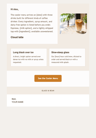 The Cooler Coffee Menu email design preview