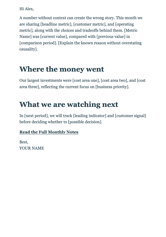 Behind the Numbers Open Startup Update email design preview