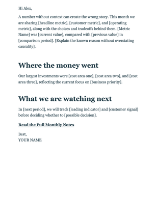Behind the Numbers Open Startup Update email design preview