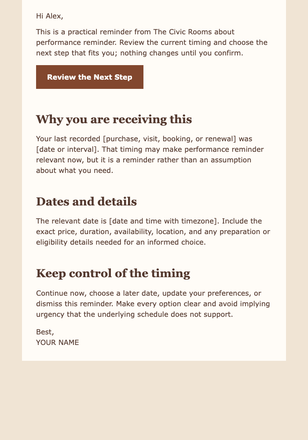 Performance Reminder — Museums, Galleries, and Theaters email design preview