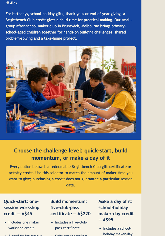 Maker Club Gift Guide email design preview