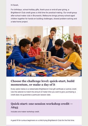 Maker Club Gift Guide email design preview