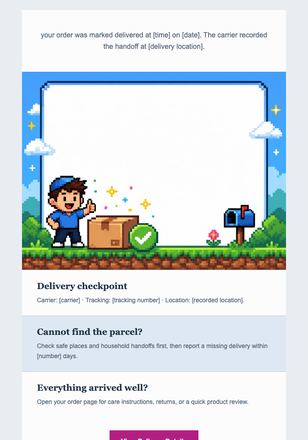 Pixel Parcel Delivered email design preview