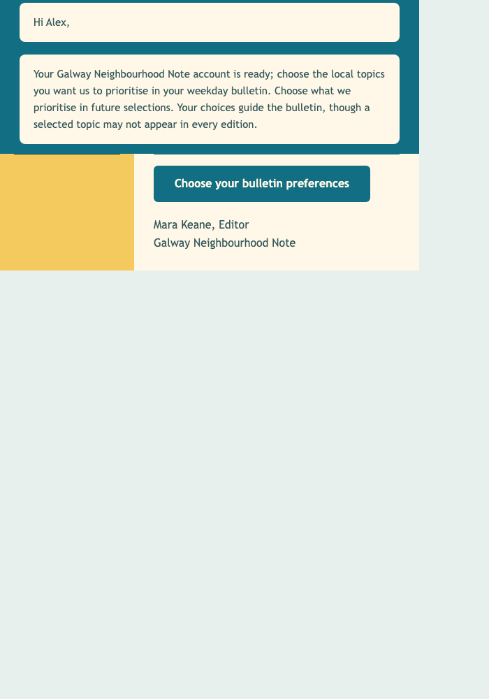 Local Bulletin Welcome Setup email design preview