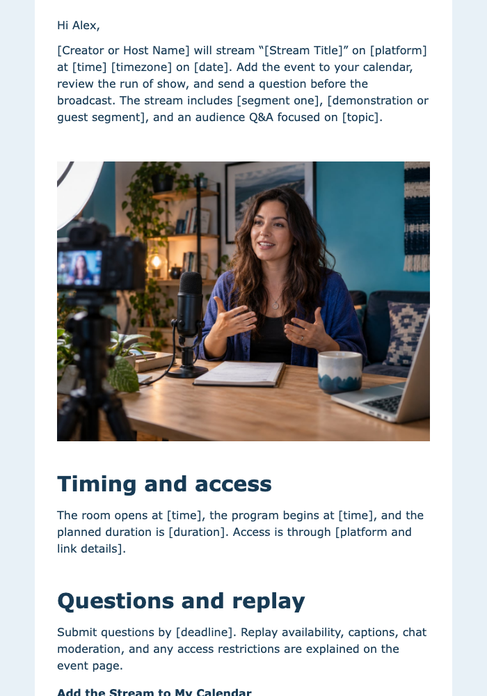Livestream Event Calendar Invitation email design preview