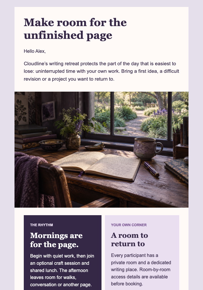 Paper Sky Writing Retreat email design preview