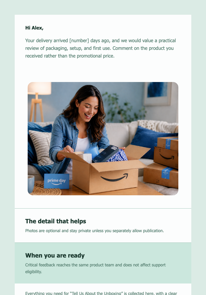 Tell Us About the Unboxing email design preview