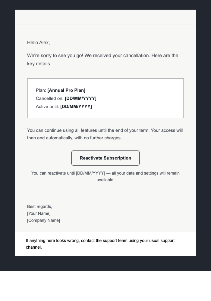 Subscription Cancelled email design preview