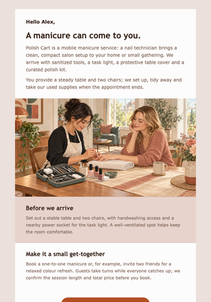 Mobile Manicure at Your Place email design preview