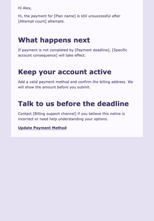 Payment Failed, Deadline And Consequence email design preview