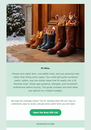 The St. Nicholas Boot Gift List email design preview