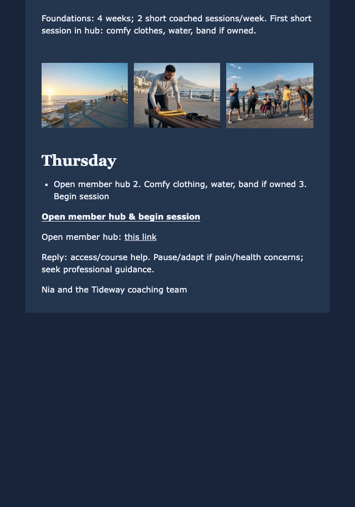 Thursday Course Start Check-In email design preview